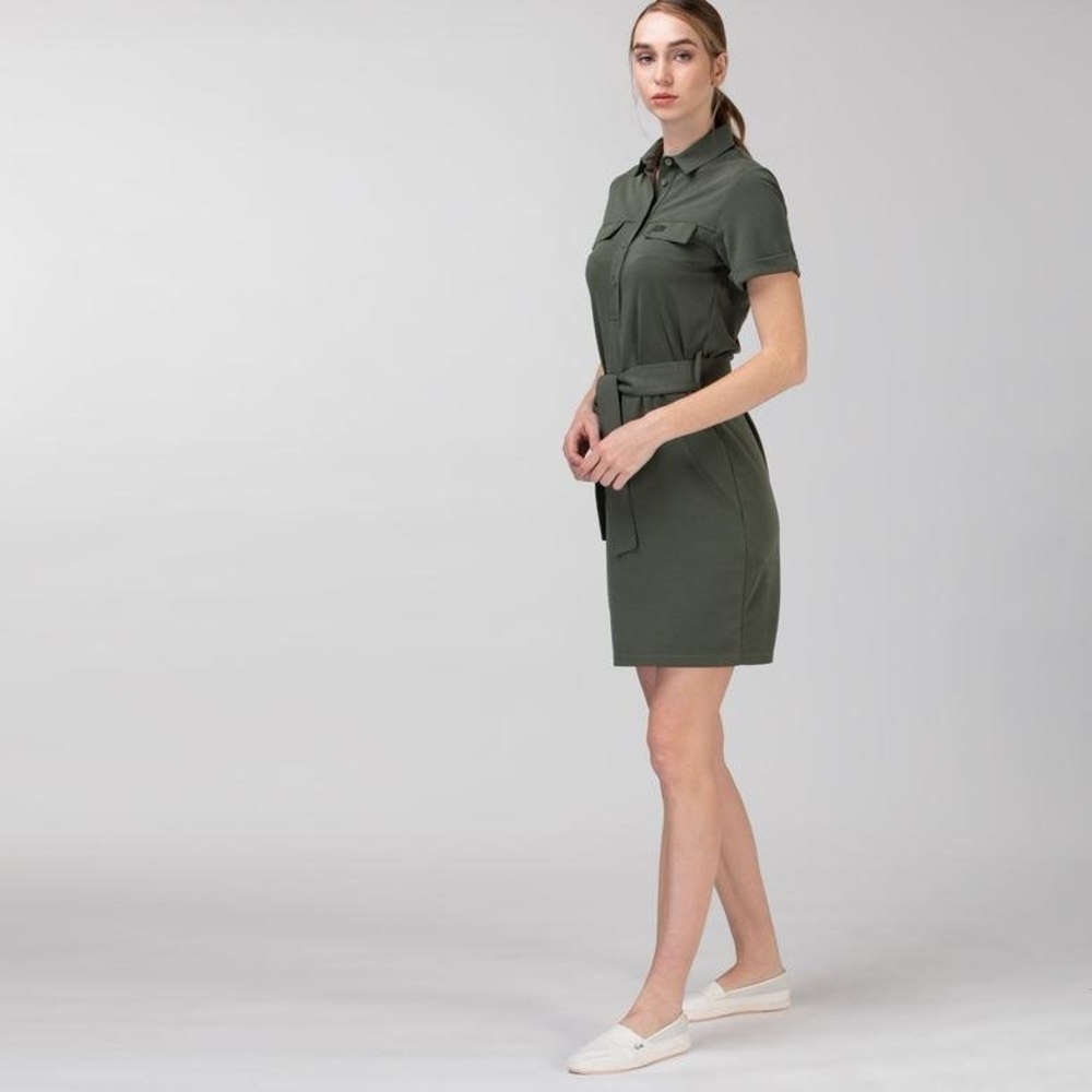 Lacoste Army Green Button Up Safari Belted Shirt Dress | S